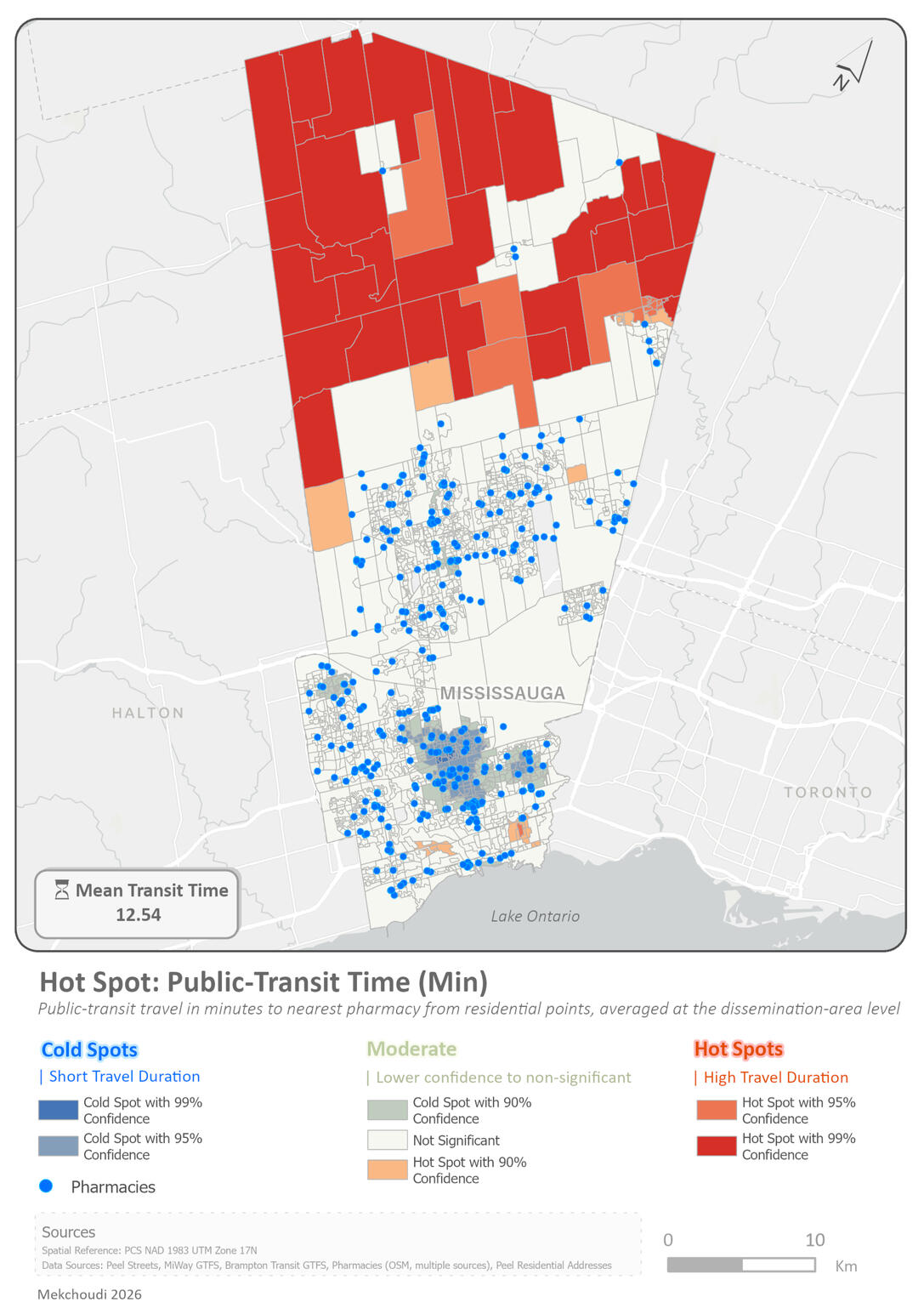 Hot spot map displaying clustering of average public-transit travel in minutes to nearest pharmacies from residential points in Peel Region.