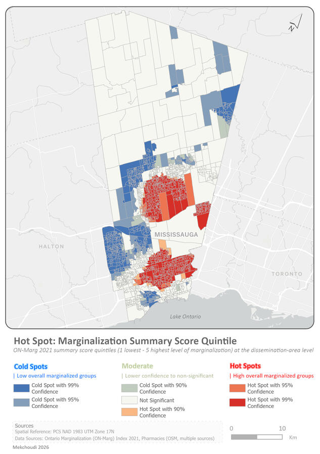 Hot spot map displaying clustering of overall marginalization scores at the dissemination-area level in Peel Region.