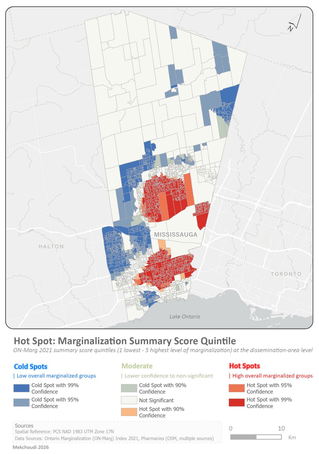Hot spot map displaying clustering of overall marginalization scores at the dissemination-area level in Peel Region.