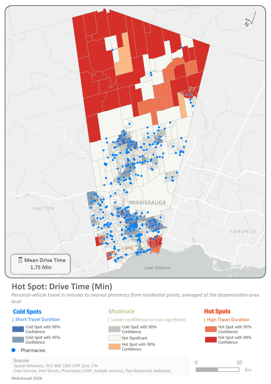 Hot spot map displaying clustering of average personal-vehicle travel in minutes to nearest pharmacies from residential points in Peel Region.
