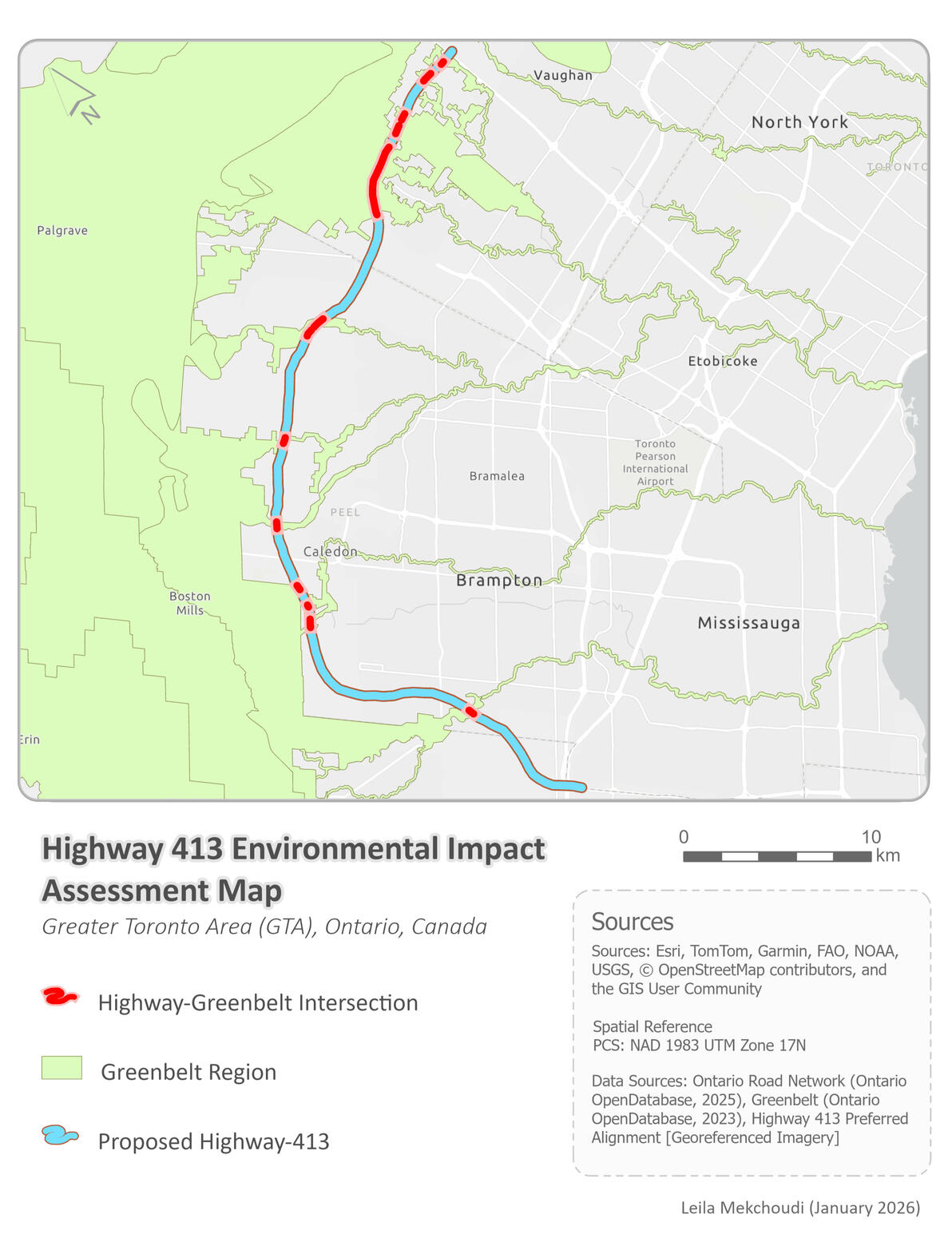 Map of the Greater Toronto Area (GTA) displays portions of Greenbelt. Marked in red along the highway highlights impact points due to highway intersection with Greenbelt zone.